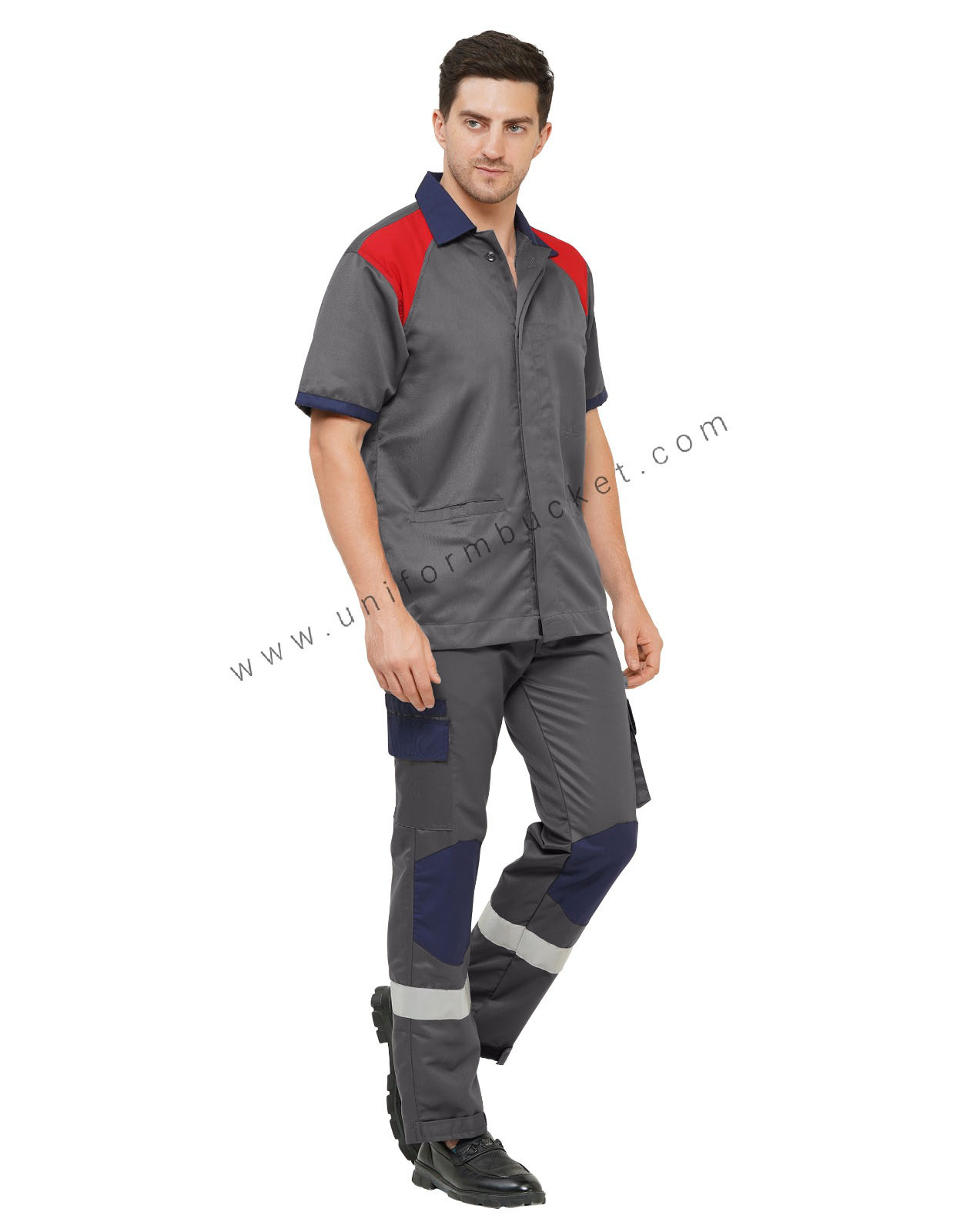 MALE WORKWEAR GREY SHIRT WITH RED FRONT YOKE & NAVY BLUE COLLAR thumbnail 6